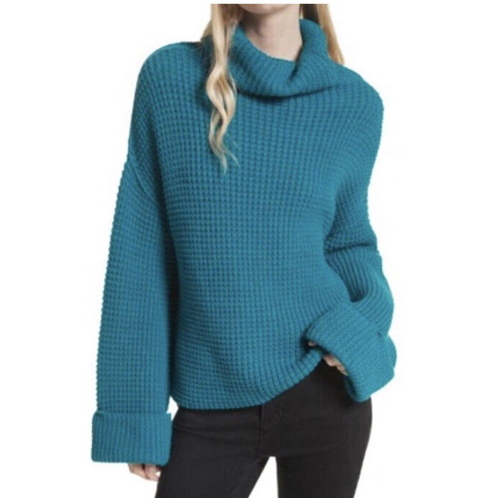 FREE PEOPLE | Park City Chunky Knit Teal Cowl Neck Sweater Women’s Size Medium - Picture 12 of 12